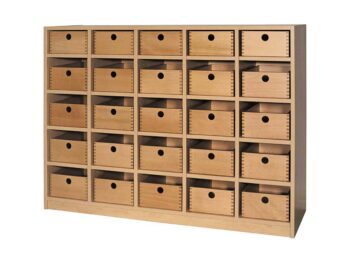 Klassenregal mit 25 Holzschubkästen