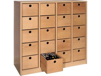 Klassenregal mit 20 Holzschubkästen